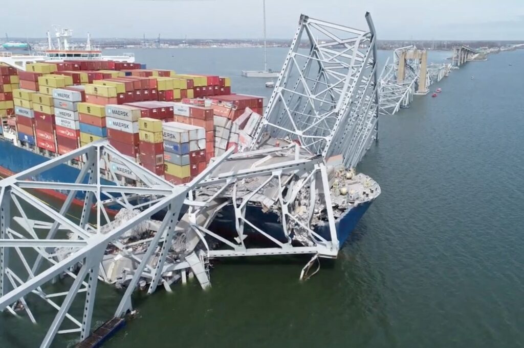 A drone view of the Dali cargo vessel, which crashed into the Francis Scott Key Bridge causing it to collapse, in Baltimore