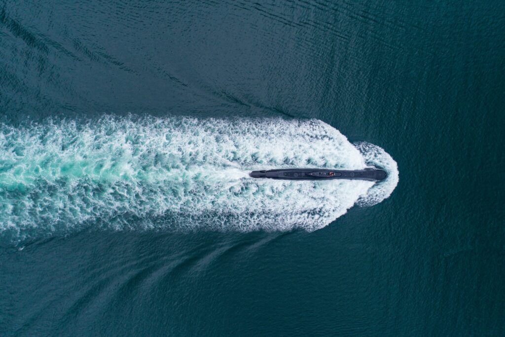 Overhead view of a submarine in international waters.