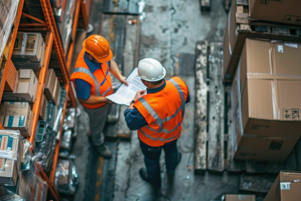 Two cargo workers looking over documentation in a warehouse.