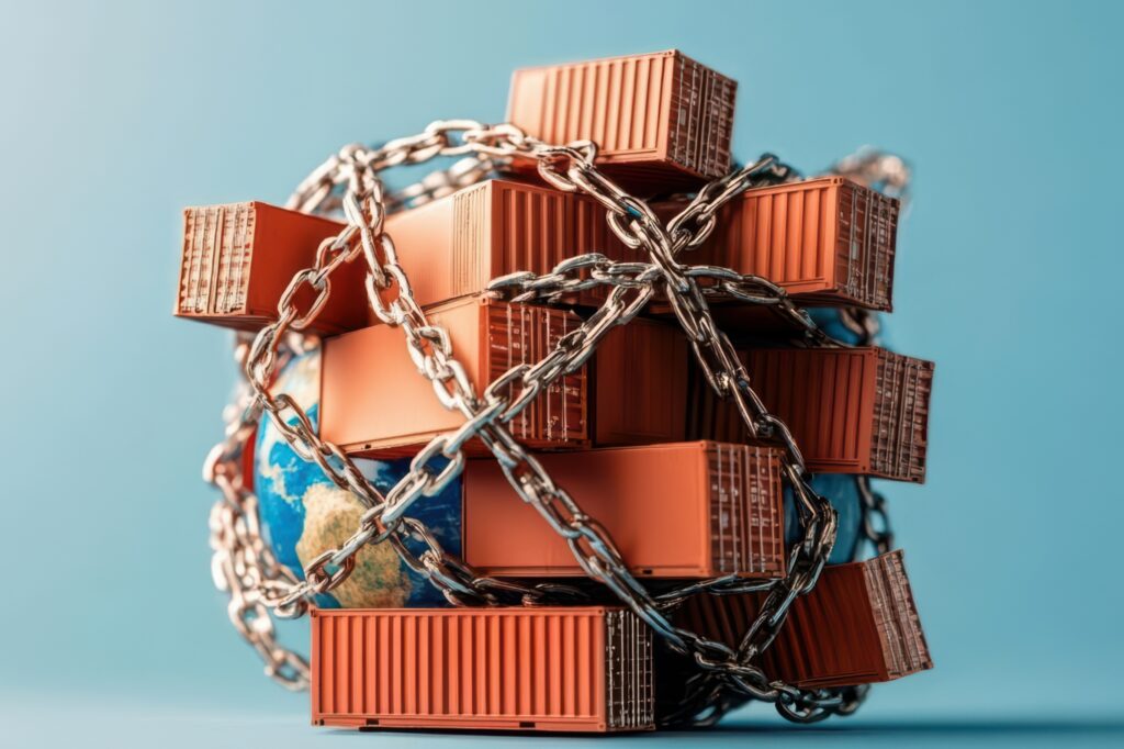 A globe wrapped in chains of tariff signs and duties, symbolizing trade barriers and global limitations, Trade barrier, Duties and restrictions in global commerce