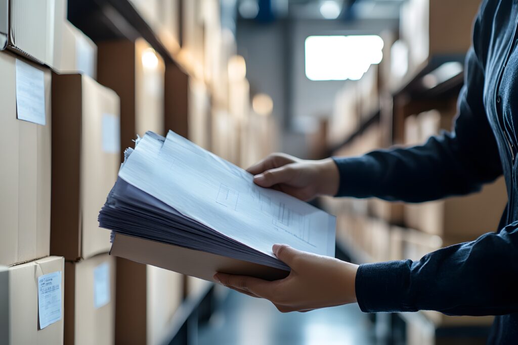 Inspector reviewing documents on imports in a warehouse