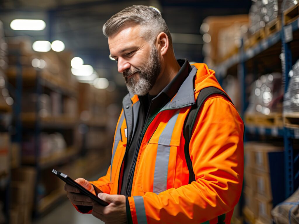 A customs worker looking at a tablet while reviewing cargo