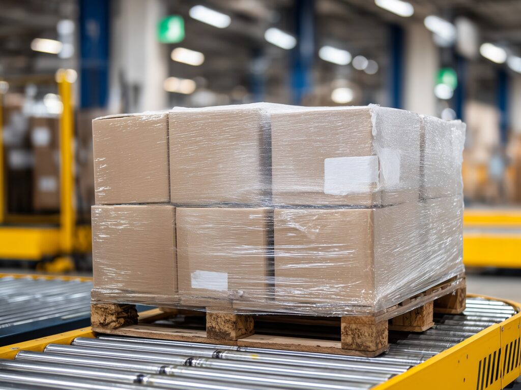 Industrial warehouse floor showing pallet stacked with various sized cardboard boxes wrapped in plastic, ready for transport, conveyor belts and loading docks faintly visible in background