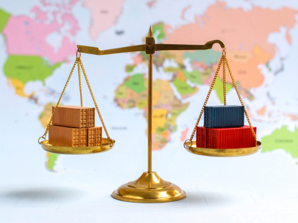 Scales balancing two sets of cargo containers with a world map in the background.