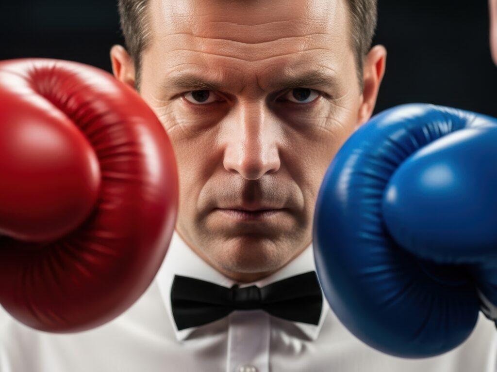 Photo of caucasian man refereeing a boxing match