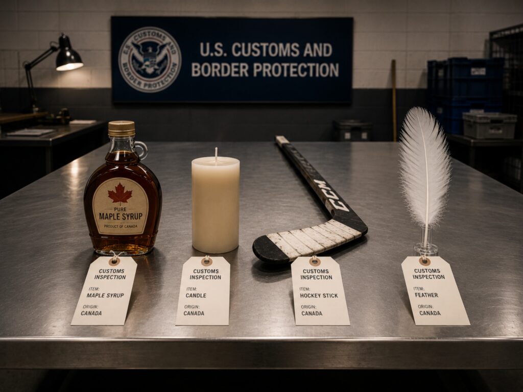 A customs table with Canadian maple syrup, a candle, a hockey stick, and a feather.